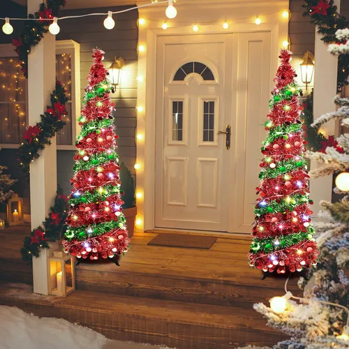 Miniatura 4 de Árbol de Navidad plegable de lentejuelas de 5 pies con 90 luces LED, árbol de Navidad de oropel delgado con soporte para apartamentos Rojo y verde