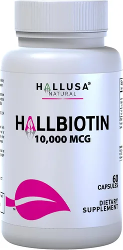 Hallusa Natural Biotina 10,000mcg, 60 Cápsulas, Cabello Saludable, Piel y Uñas - Pastillas para la caída del Cabello - Crecimiento del Cabello –
