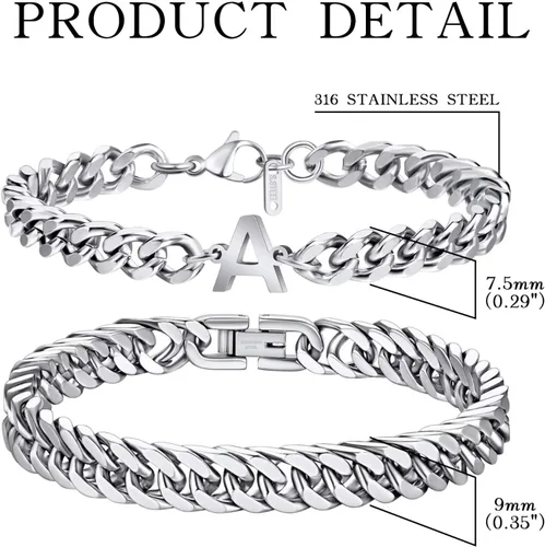 Miniatura 5 de Ritach Initial Bracelets for Men Silver, 2PCS Stainless Steel Cuban Chain Link Initial Bracelets for Mens Bracelet Set Letter A-Z Bracelets for Men