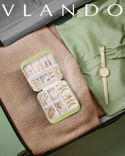 Miniatura 6 de Vlando Pequeño organizador de joyero de viaje Anillo de regalo para mujer, aretes, collares, vitrina de almacenamiento para niñas, color verde