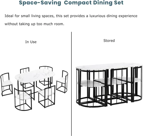 Miniatura 4 de Merax Juego de mesa de comedor moderno de 7 piezas para 6, mesa de mármol MDF sintético, 6 sillas de metal, negro y blanco Negro-blanco