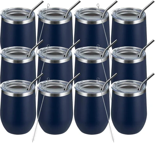Miniatura 21 de MEWAY Vaso de vino sin tallo de 12 onzas con tapa, vaso de viaje de acero inoxidable con aislamiento de doble pared al vacío con popote, para Negro