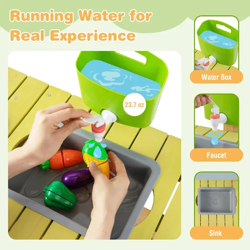 Miniatura 2 de HONEY JOY Cocina de barro, cocina de madera de abeto para niños, mesa de barro, agua corriente, fregadero extraíble, juego de cocina para niños al