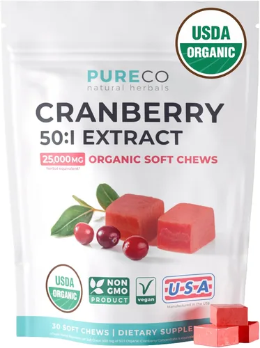 PURE CO Certified Organic Cranberry Chews - Super 50X Potency Organic Cranberry Supplement for Women to Support Urinary Tract & Bladder Health -