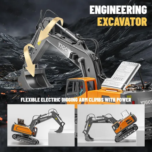 Miniatura 3 de Excavadora de juguete a control remoto, excavadora de construcción RC de 11 canales con pala de metal, luces y sonidos, excavadora todoterreno