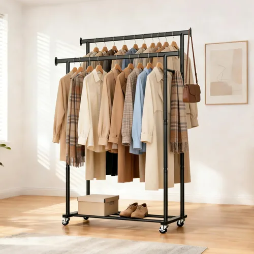Miniatura 5 de Perchero de ropa con ruedas para colgar ropa, perchero resistente para ropa portátil, estante de metal para dormitorio, lavandería, sala de estar