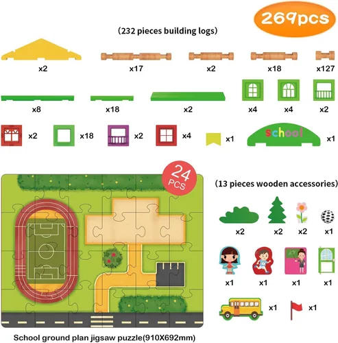 Miniatura 4 de Wondertoys Juego de troncos de madera real de 269 piezas a partir de 3 años, juego de regalo clásico de troncos de construcción para niños y niñas