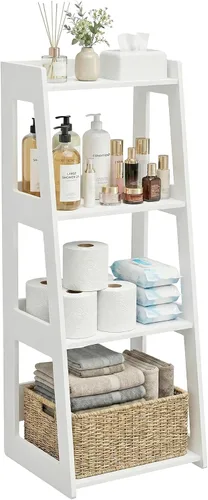 Miniatura 8 de Estante de escalera de baño de 3 niveles independiente, estantes de piso blancos, estantería abierta, mesita de noche pequeña para estudio