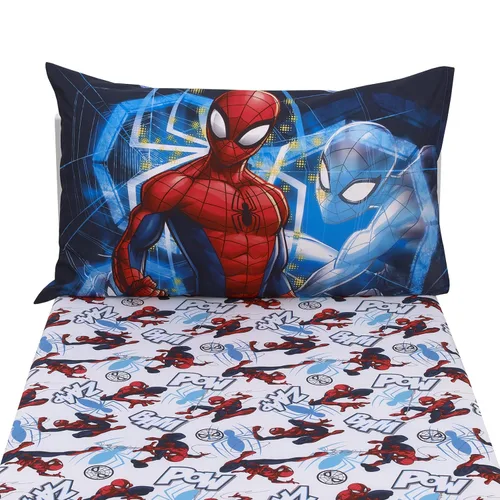 Miniatura 4 de NoJo Marvel Spider-Man to The Rescue - Juego de sábanas de 2 piezas para niños pequeños, color rojo, blanco y azul, sábana bajera ajustable