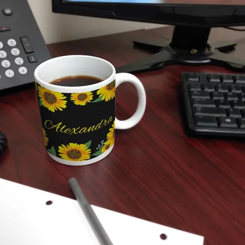 Miniatura 7 de Personalized Gifts Taza floral amarilla su texto personalizado taza de café taza de café de cerámica taza de té de cerámica 11oz