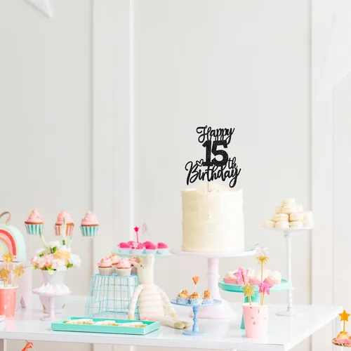 Miniatura 4 de 1 pieza Decoración de pastel de feliz 15 cumpleaños, decoración de pastel de cumpleaños de brillo, Felicidades a los 15 años, decoración de pastel