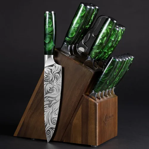 Miniatura 7 de SENKEN - Juego de cuchillos profesionales para carne con hermoso patrón grabado, colección Wasabi, acero de alto carbono dentado afilado y mango