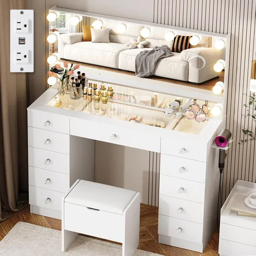 Miniatura 10 de VOWNER Tocador con espejo iluminado - Escritorio de maquillaje con luces y 11 cajones, 3 modos de iluminación de color con brillo ajustable