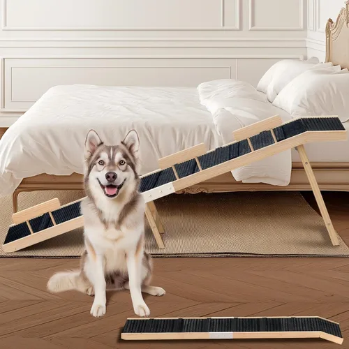 Easyego Rampa plegable para perros para cama y sofá, rampa de madera para mascotas de 74 pulgadas con rieles laterales y alfombra de alta tracción,