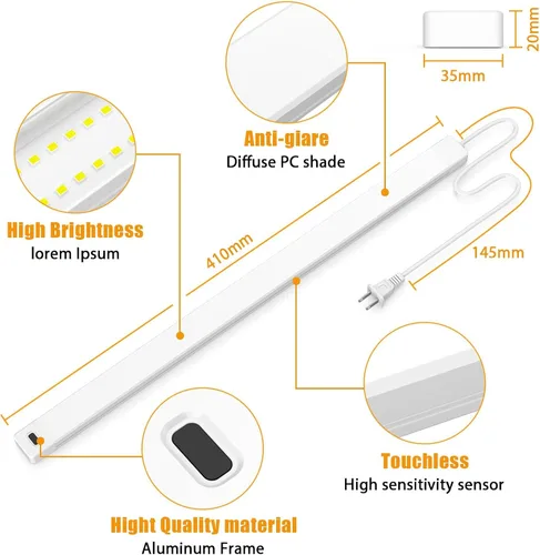 Miniatura 4 de 2 piezas Luces LED bajo gabinete con sensor de movimiento de mano, 16" Iluminación bajo encimera con regulable y 4000K blanco natural, Plug and
