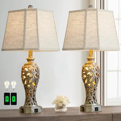 Miniatura 12 de Lámpara de mesa de granja de 25 pulgadas para sala de estar y dormitorio, lámpara de noche de diseño rústico vintage con 2 puertos USB y luz