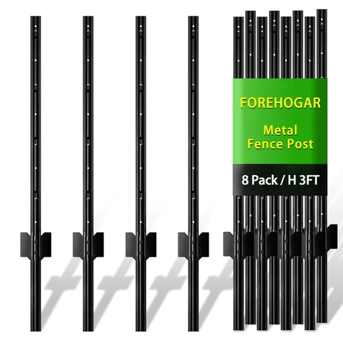 Postes de valla de metal FOREHOGAR de 3 pies negros, paquete de 8, postes en T para valla de alambre, postes en U de acero sin excavación para valla