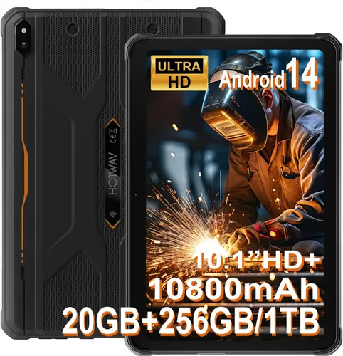 HOTWAV R10 Pro - Tablet resistente de 20 GB + 256 GB/TF 1 TB Android 14, tabletas impermeables HD+ de 10.1 pulgadas, batería de 10800 mAh, cámara de