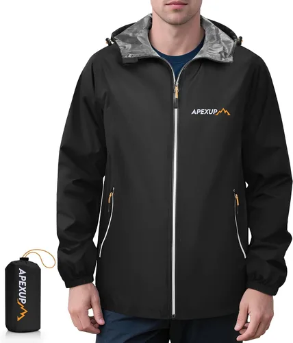 Miniatura 14 de APEXUP Chaqueta de lluvia empacable para hombre con cremallera reflectante, impermeable ligero, chaqueta de lluvia para hombre para deportes al aire