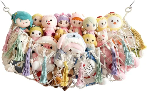 Hamaca bohemia para animales de peluche, red grande de almacenamiento de juguetes de 51 pulgadas para juguetes de peluche, organizador de pared para