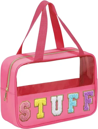 Miniatura 11 de BuyCard Bolsas de Viaje Transparentes con Parche de Letra de Chenilla, Bolsa de Maquillaje Preppy de PVC y Nylon con Asa y Cremallera, Bolsa