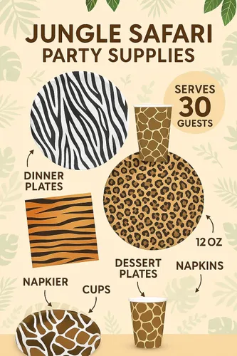 Miniatura 3 de Sirve para 30 invitados Jungle Safari Zoo Animal Print Fiesta Cumpleaños Suministros Pack 9" Platos cena 7" Platos Postre 12 oz Tazas Servilletas
