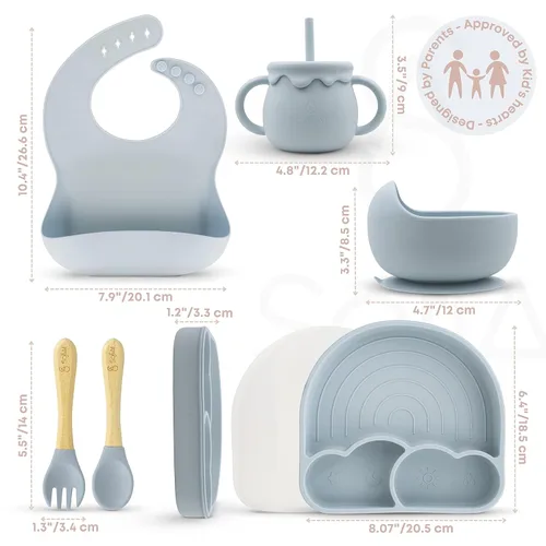 Miniatura 9 de Juego de alimentación de bebé de silicona no tóxica sin BPA – Placa de succión, cuenco, babero y taza – Juego de 11 piezas para bebés de 6 a 18 Azul