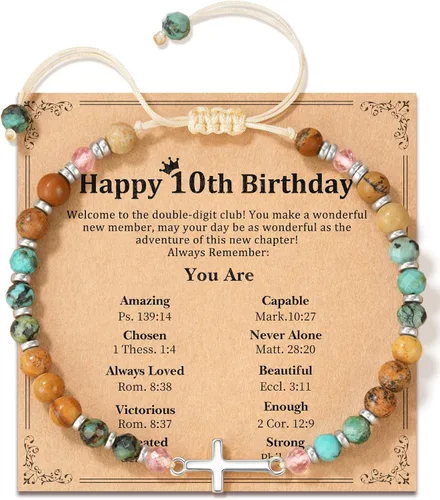 Pulsera de cruz para niñas de 10, 13, 16 años, regalos de cumpleaños, piedra natural, joyería cristiana ajustable con tarjeta inspiradora para hija,