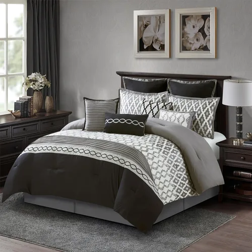 Miniatura 2 de Grand Avenue Juego de edredón negro tamaño King, 10 piezas, edredones y juegos de ropa de cama jacquard, falda de cama a juego, almohadas y fundas