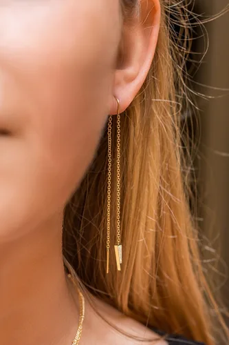 Miniatura 4 de Aretes de cadena de oro de 14 quilates para mujer, aretes de rosca de oro para mujer, aretes de doble perforación, aretes de hilo Aretes colgantes