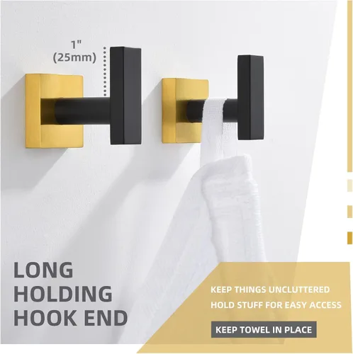 Miniatura 4 de Angle Simple Paquete de 2 ganchos para toallas de baño, soporte para bata de baño de acero inoxidable SUS 304 montado en la pared, negro y dorado