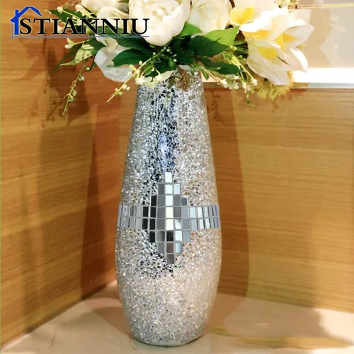 Miniatura 7 de Florero decorativo brillante, impresionante mosaico hecho a mano, decoración de la casa, centros de mesa, decoración moderna de habitación (plateado)
