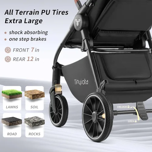 Miniatura 3 de Cochecito Tinyiota para bebés, cochecitos para niños pequeños con gran dosel UPF 50+, cochecito de bebé de lujo con asa de cuero y asiento Negro