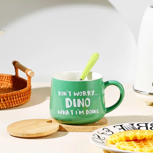 Miniatura 5 de BigNoseDeer Taza Bonita de Dinosaurio Taza de Café de Cerámica con Dinosaurio de Dibujos Animados 3D en el Interior, Tazas Divertidas con Tapa