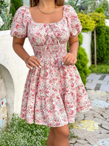 Miniatura 4 de Floerns Vestido bohemio de manga corta abombada con cuello cuadrado y lazo frontal para mujer