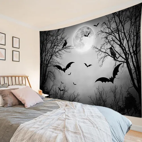 Miniatura 19 de HVEST Tapiz de noche de Halloween, tapiz para colgar en la pared, bosque embrujado con tumba y calabazas, manta de pared para dormitorio, sala