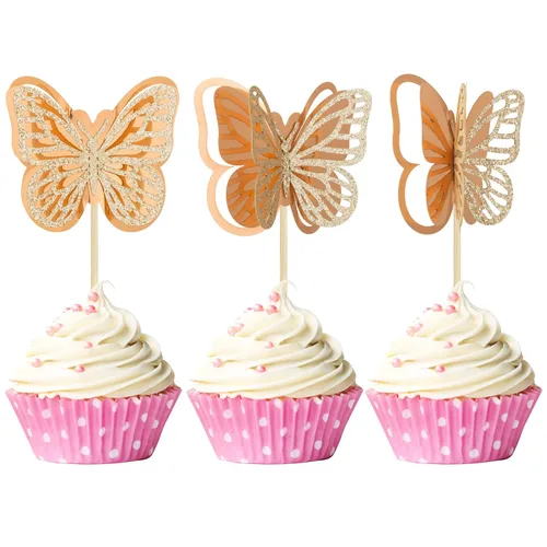 Miniatura 8 de Gyufise Paquete de 24 adornos de mariposa ensamblados con purpurina dorada, decoraciones de mariposa dorada, púas para cupcakes, bodas, 4-dorado
