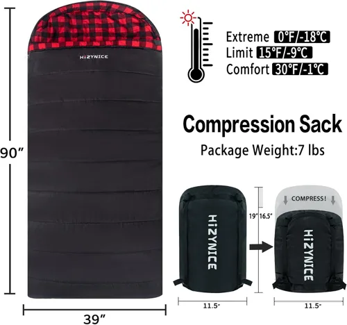 Miniatura 2 de HiZYNICE - Saco de dormir para clima frío 100% franela de algodón XXL para adultos grandes y altos, con bolsa de compresión gratis