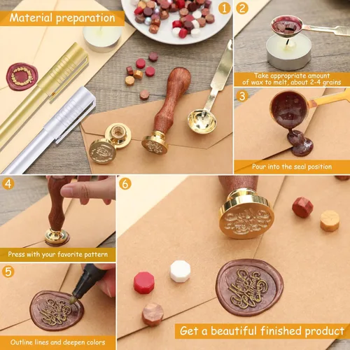 Miniatura 3 de Juego de 8 sellos de cera para Navidad, Halloween, mango de madera, cuchara de fusión, 2 bolígrafos metálicos para decoración de sellos de cera
