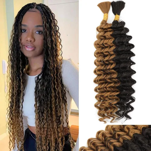 Miniatura 8 de Mezcla de cabello humano trenzado sintético de onda profunda a granel para trenzar, 16 pulgadas, cabello trenzado húmedo y ondulado, 2 piezas