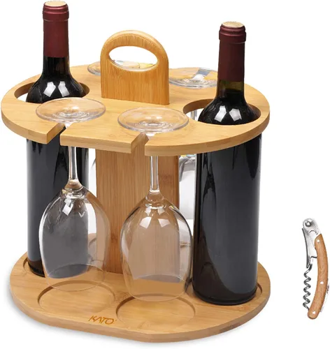 Kato - Soporte para 2 botellas y 4 estantes para vidrio, organizador de secado colgante para copas de vino en la mesa de la encimera con sacacorchos