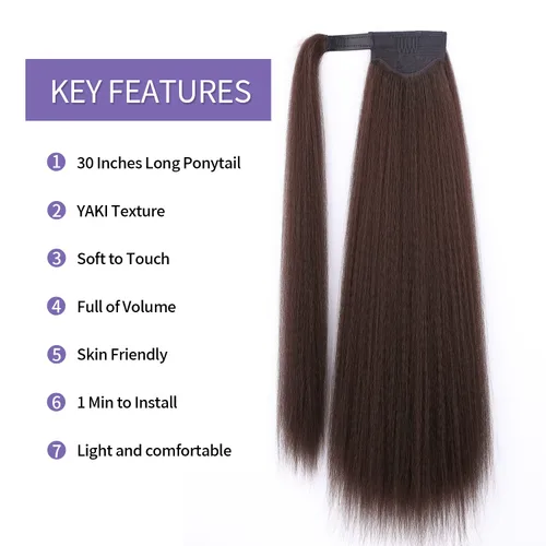 Miniatura 3 de WIGNEE Extensión de cola de caballo larga rizada recta y envolvente, extensión de cola de caballo Yaki negro natural para mujeres negras, Marrón