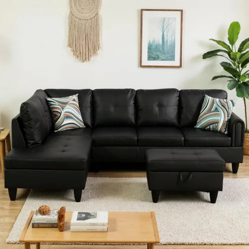Miniatura 20 de Sofá modular de cuero en forma de L de 3 piezas – Sofá modular convertible con diván móvil y otomana de almacenamiento, uso multiescenario para sala