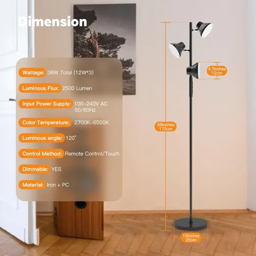 Miniatura 7 de SIBRILLE Lámpara de pie LED, lámpara de pie moderna de 36 W con control remoto y táctil, 4 temperaturas de color, lámpara de pie con 3 luces Negro