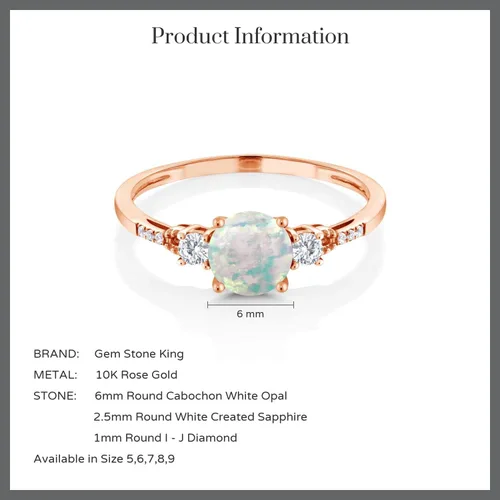 Miniatura 6 de Gem Stone King Anillo de compromiso de zafiro blanco con ópalo blanco de imitación de cabujón de oro rosa de 10 quilates para mujer