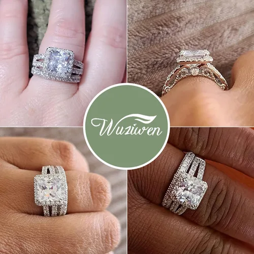 Miniatura 6 de Wuziwen Juego de anillos de compromiso de corte princesa para mujer, plata de ley, circonita cúbica