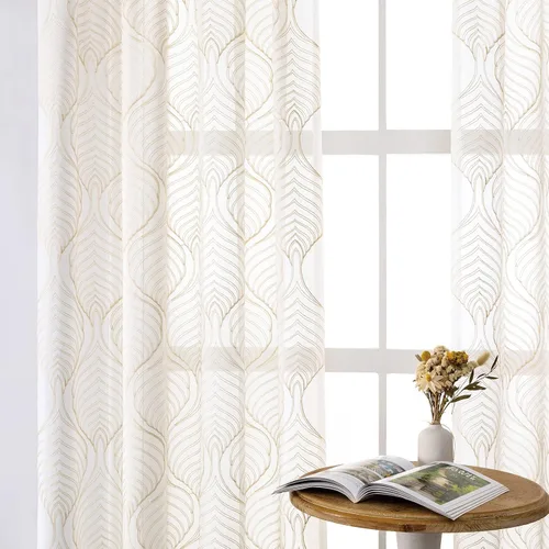 Miniatura 44 de VISIONTEX Cortinas traslúcidas blancas de 63 pulgadas de largo, juego de 2 paneles de bordado marroquí con puntos beige, tela de gasa bordada