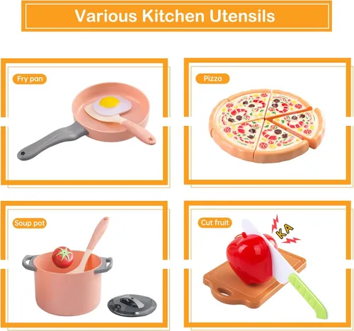 Miniatura 4 de Juego de cocina de 150 piezas, accesorios de utensilios de cocina de juguete para niños pequeños, comida, manta de picnic, frutas, verduras, paquete