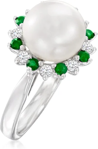 Miniatura 3 de Ross-Simons Anillo de halo de perlas cultivadas de 0.354-0.374in con zafiros blancos de 0.40 quilates y esmeraldas de 0.30 quilates en plata de ley