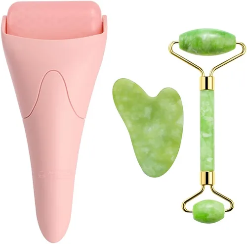 AECW Juego de rodillo de jade natural 3 en 1 y Gua Sha para cara y ojos, rodillo de masaje de enfriamiento facial Rodillo de hielo rosa + rodillo de